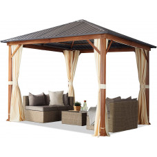 Cenador de jardín 3x3 m, Aspecto Madera, Techo sólido, 4 Cortinas en champán 